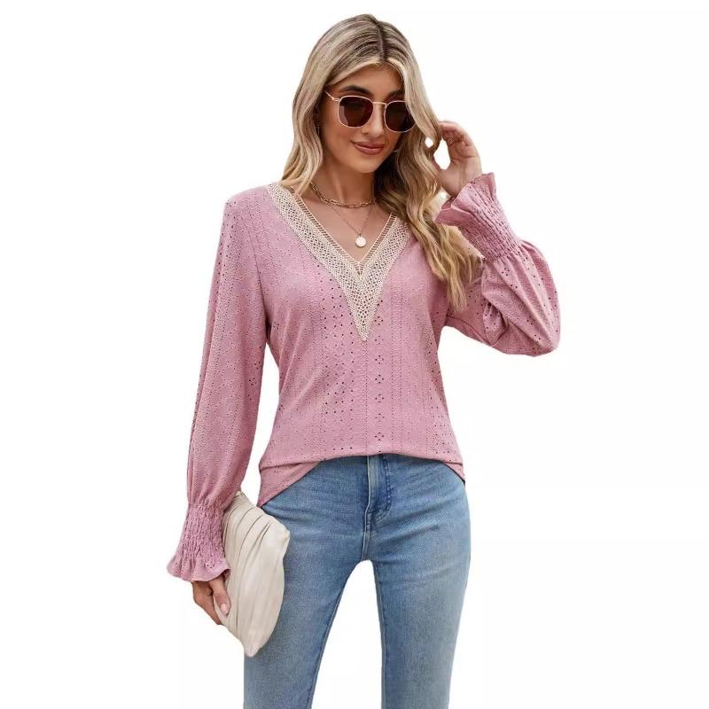 Spring and Autumn Women's T-shirt Tops Jacquard Chiffon Shirt Lace Stitching Long Sleeve Loose V-neck Blouse for Women