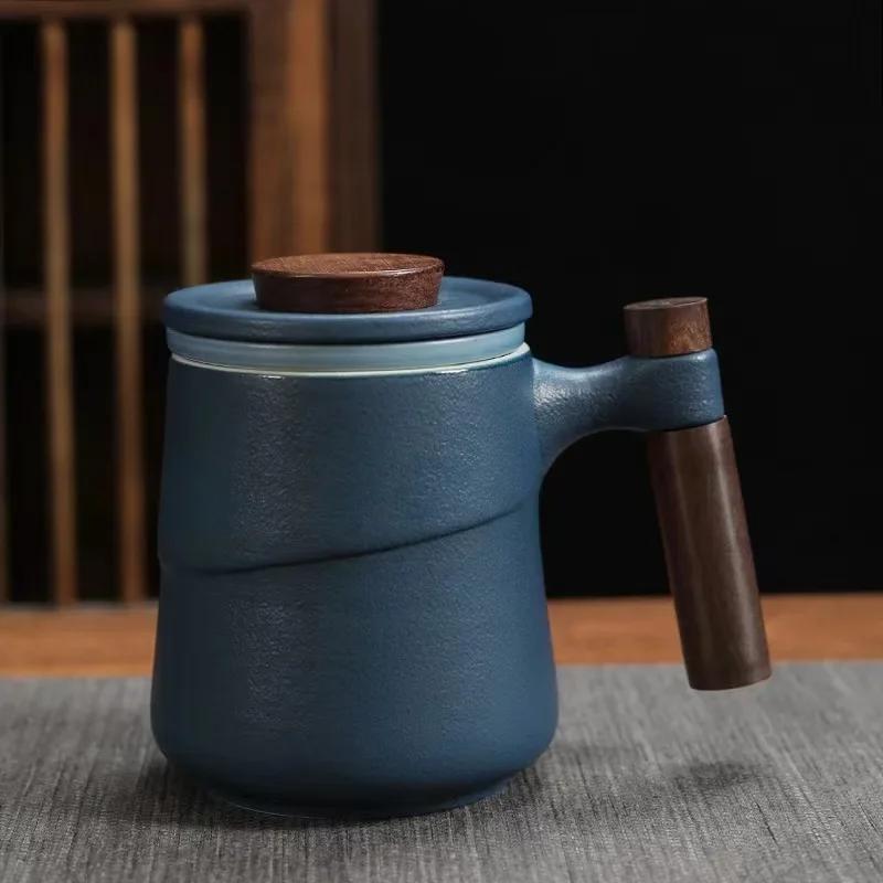 Black Ceramic Cup Wooden Handle Filter Tea Cup Ceramic Mug Creative Office Retro Elegant Water Cups and Mugs Aesthetic China Set Birthday Gift Box