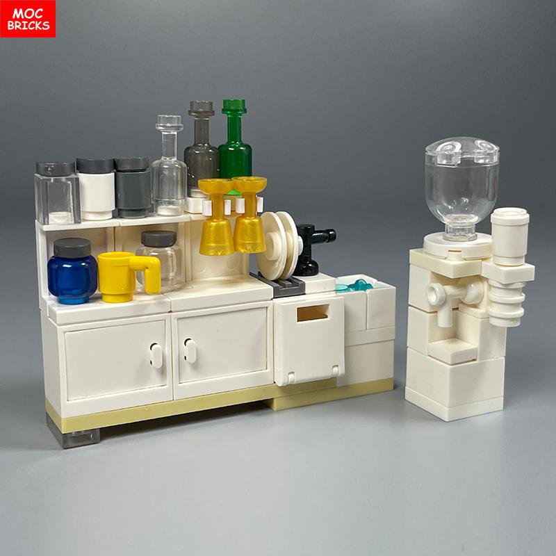 MOC Blocks Kitchen Cabinet Tableware Tool Coffee Maker Machine Water Dispenser Cooking Bench Learning Construction Block Children Toy