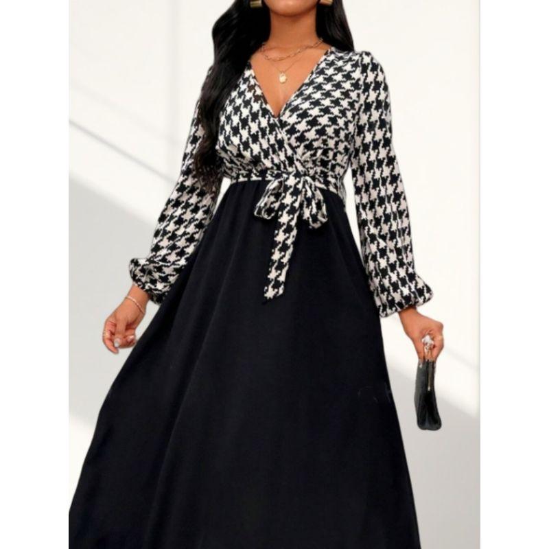Autumn New Arrival Fashion Fashion Commuter Ol Waist-Tight V Neck Houndstooth Patchwork Mid Length Long Length Long Sleeves Dress Dress