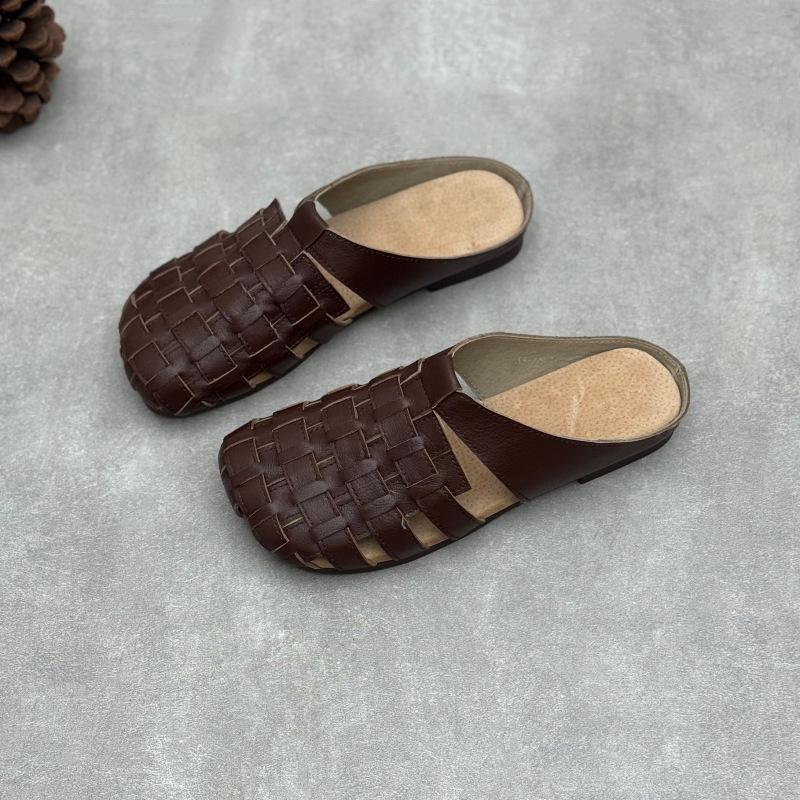 Johnature Genuine Leather Woven Slippers Handmade Comfortable Breathable Soft Soled Women's Slip-on Shoes