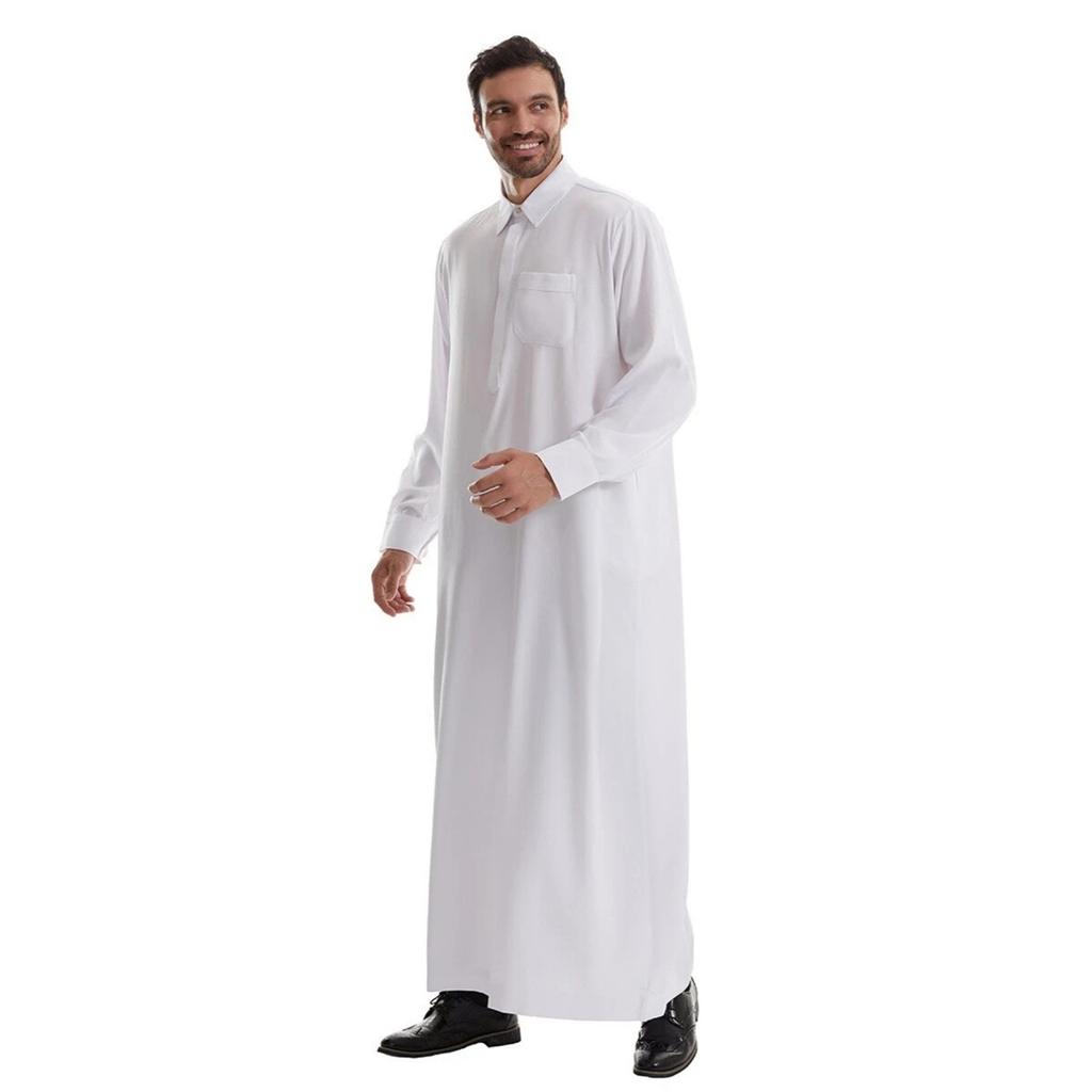 Men's Muslim Robe Solid Color Long Sleeve POLO Neck Pocket Loose Muslim Robe