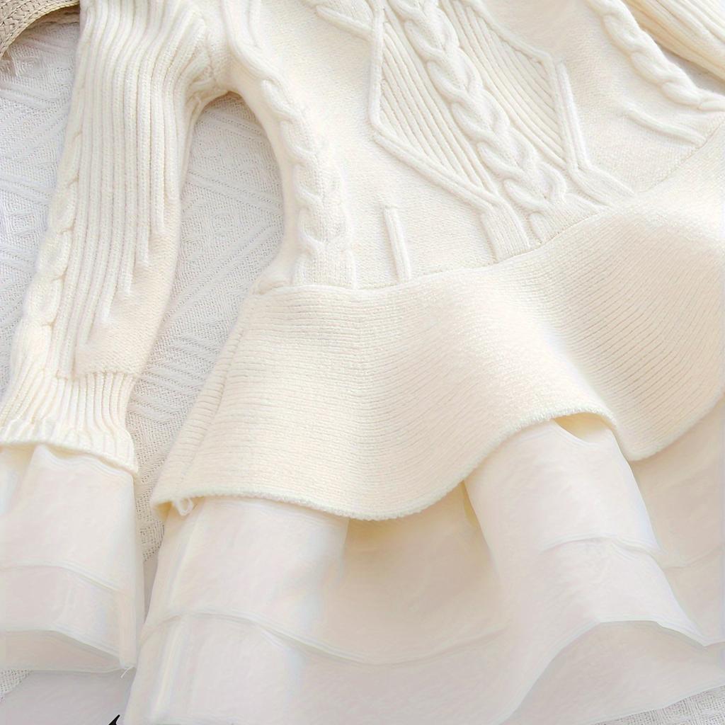 Girls' Fashion Long-Sleeved Shirt Collar Patchwork Tiered Skirt Colour Dress