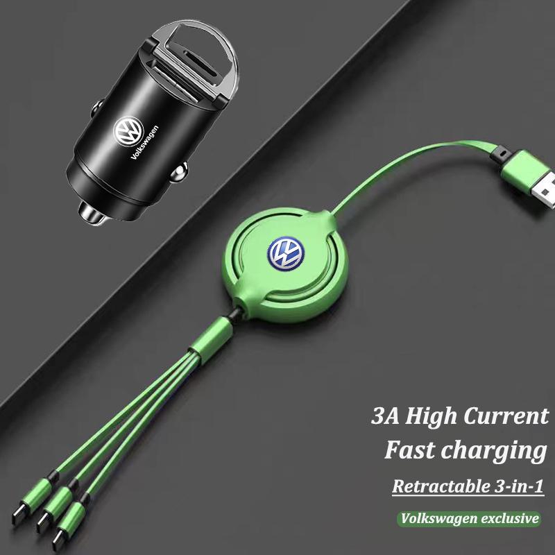 Valve Stems Caps 3 In 1 Retractable Data Cable USB Car Charger Head Auto Accessories For Volkswagen VW RLine R Golf Amarok T5 Ti QF3