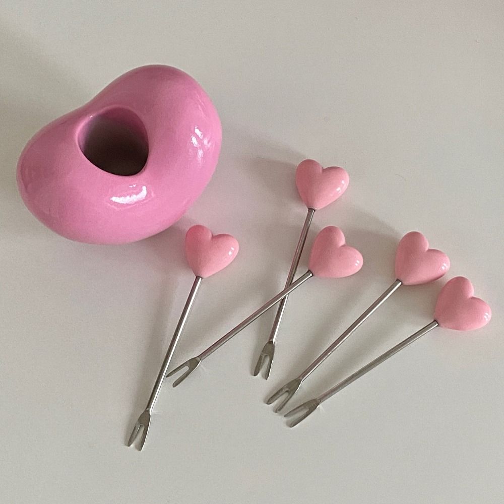 Stainless Steel Love Fruit Fork Set Red Pink Fruit Cake Sausage Fork Plastic Fork  Children