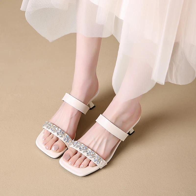 Fashion Banquet Fashion Flip-flops Women's Square Open Toe Crystal Flower Ribbon Non-slip Wear Stiletto Heels
