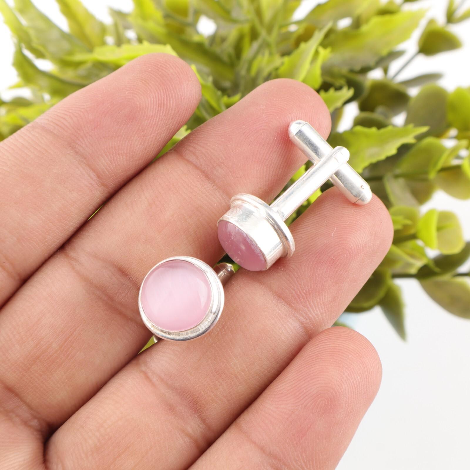 

Pink Cat s Eye Gemstone 925 Sterling Silver Handmade Jewelry Bezel Set Cufflink CL-4-25