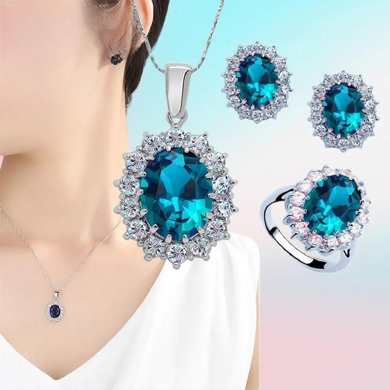 Authentic 925 Sterling Silver Plated Women Wedding Engagement Jewelry Collections Princess Oval Zircon Crystal Necklace Earrings Ring