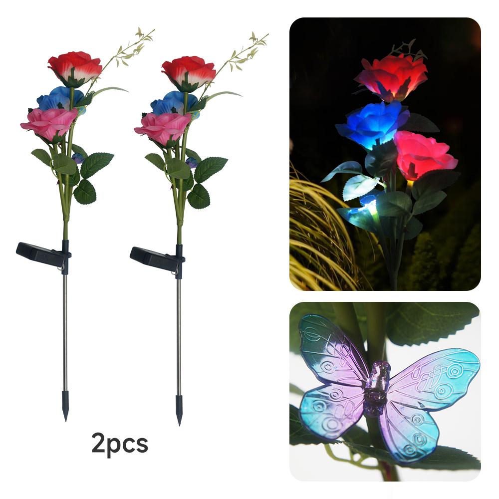 Solar Garden Lights Solar Rose Flower with Butterfly and Dragonfly Waterproof Garden Decoration for Yard Patio Stake Lamp