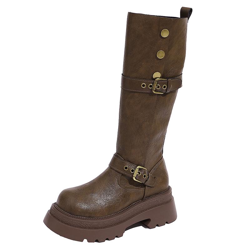 

Модные женские ботфорты на толстой подошве, весенне-осенняя мода, декоративные туфли с пряжкой, женские рыцарские высокие сапоги 40 коричневый