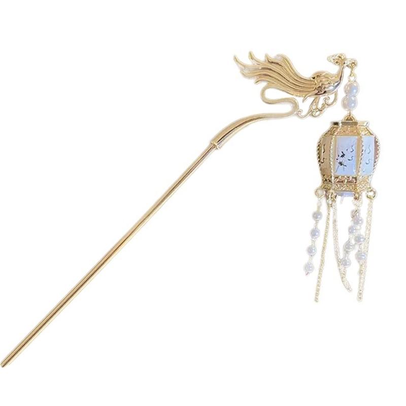 LED Lantern Dangling Hairpin Tassels Buyao Hair Stick Antique Acrylic Hair Pin for Female Chinese Costume Accessories