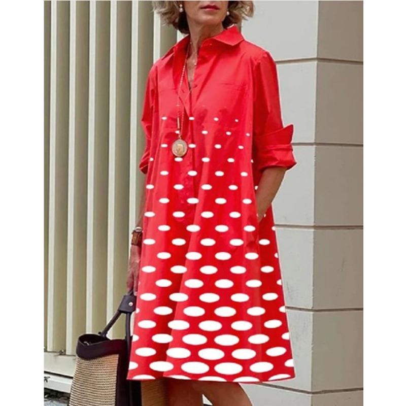 Novos produtos de outono, camisa com gola estampada de bolinhas de temperamento fashion, manga comprida, vestido médio e longo