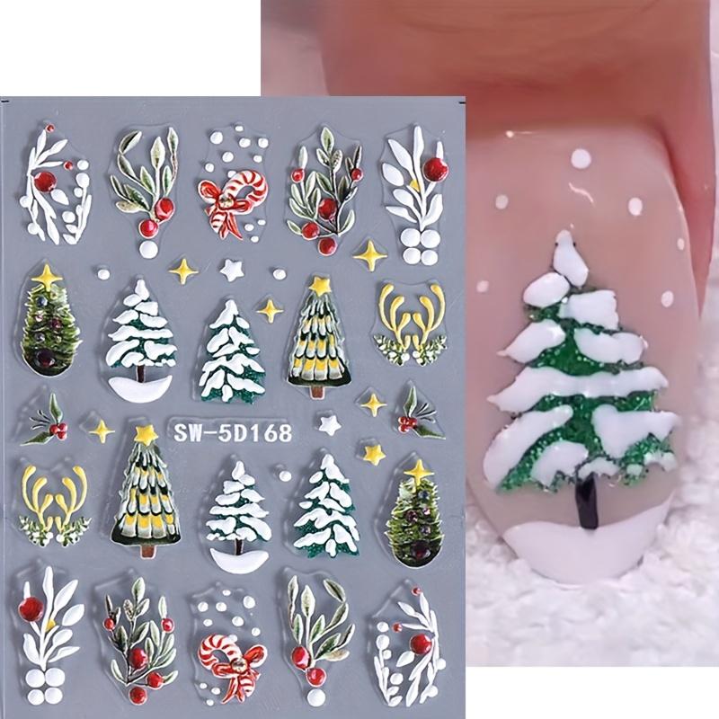 Weihnachts-Nagelkunst-Aufkleber Abziehbilder 1 Blatt, Winter Weihnachtsbaum Blätter Muster Geprägte Selbstklebende Nagelaufkleber, DIY Nagelkunst Dekoration