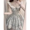 French girl floral dress women's summer sweet little cake puffy short dress cute little flying sleeves waist