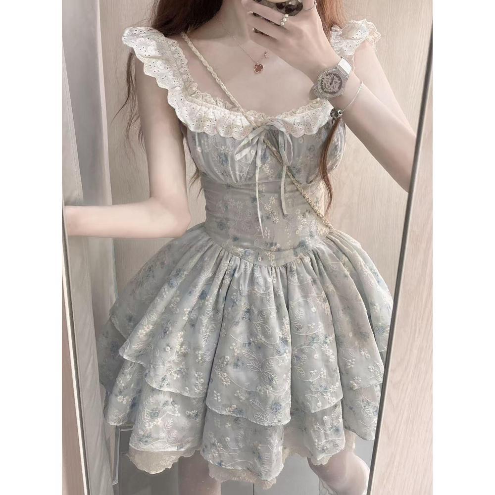 French girl floral dress women's summer sweet little cake puffy short dress cute little flying sleeves waist