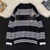 Autumn and winter hiphop retro splicing striped sweater men's American street ins lazy wind loose pullover knitted sweater