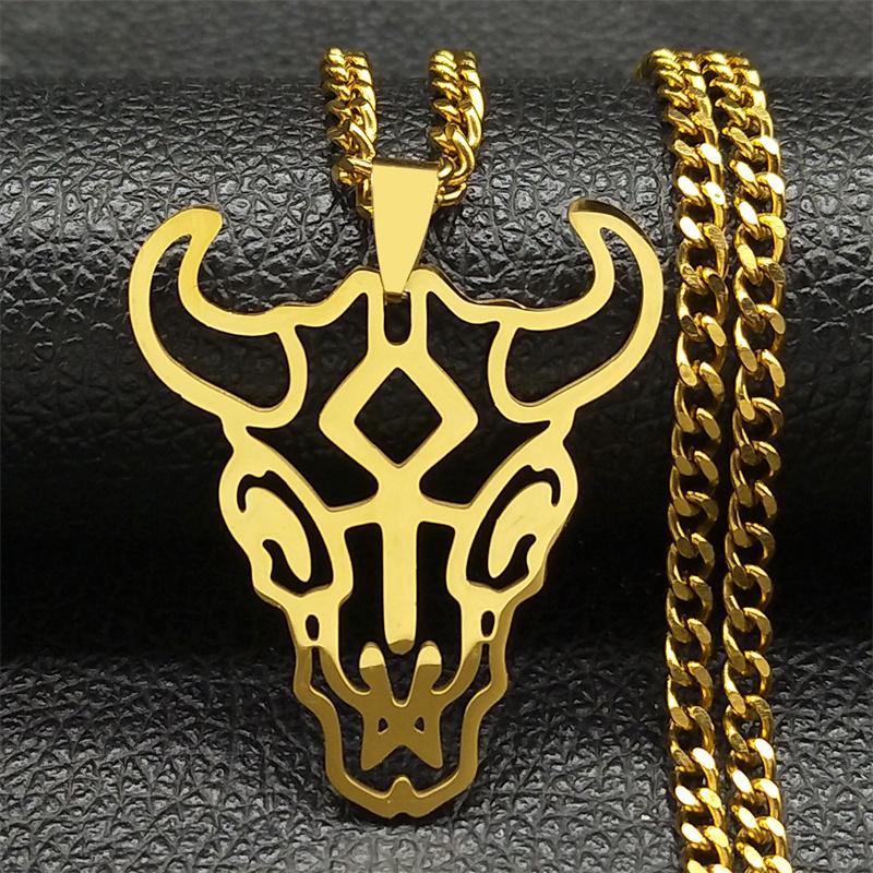 Hip Hop Animal Bull Head Pendant Necklace Men Stainless Steel Silver Color Skull Ox Bone Chain Amulet Jewelry Collar ZZZ3574-QKC