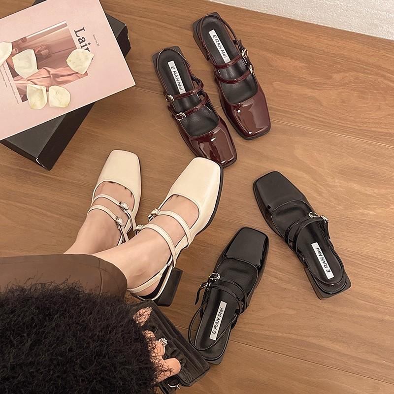 Fashion Summer Design Women Sandal Fashion Narrow Band Dress Square Heel Shoes Ladies Outdoor Patent Leather Mary Jane Shoes