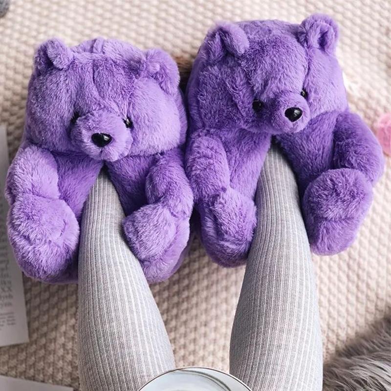 

Cute Teddy Bear Plush Winter Slippers wrapped Heel Funny Indoor Floor Shoes Women Gift warm Soft Cartoon Fluffy Animal Slippers 38 фіолетовий