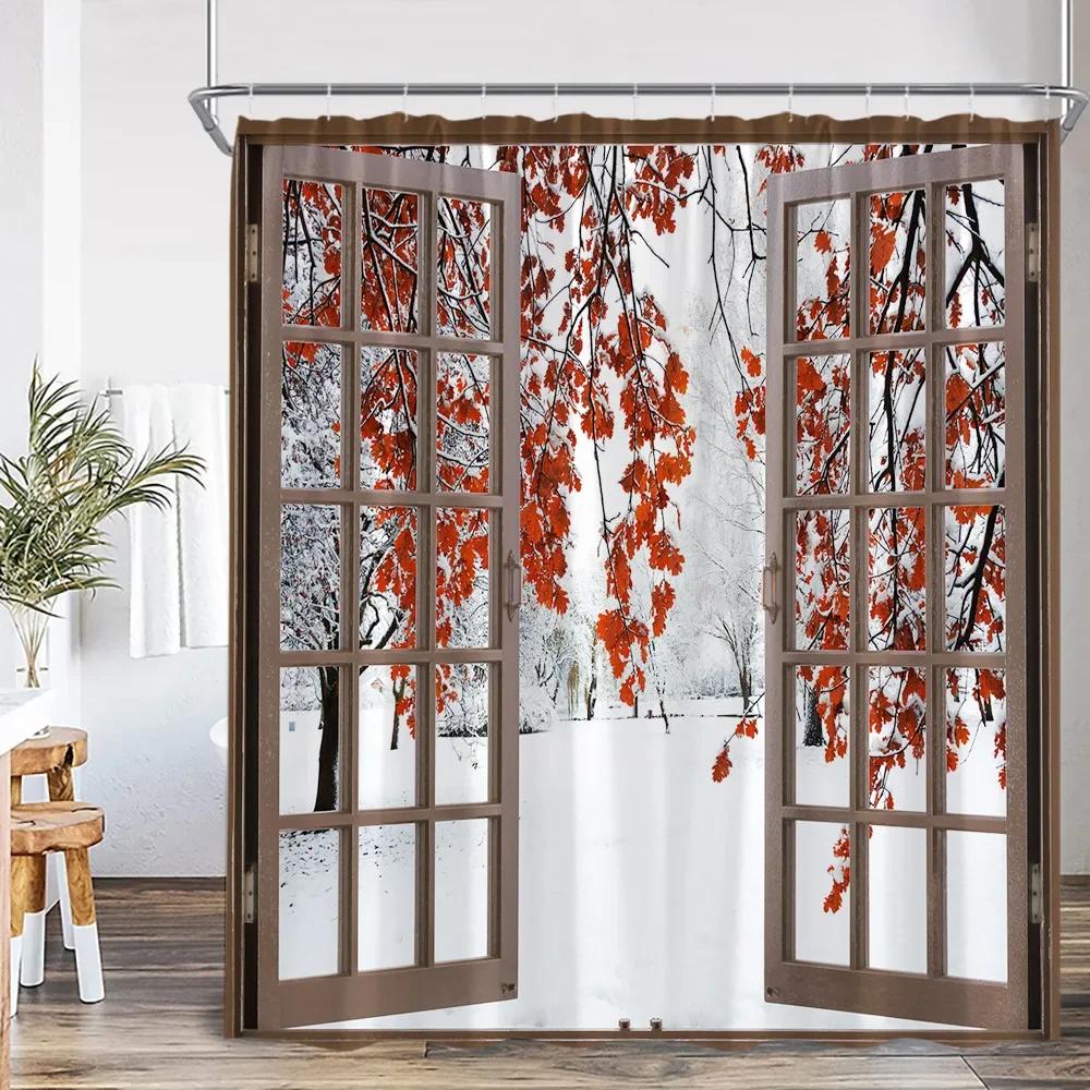 Winter Forest Scenery Shower Curtain Snow Window Outside Nature Landscape Snowy Pine Tree Bathroom Decor Polyester Bath Curtain