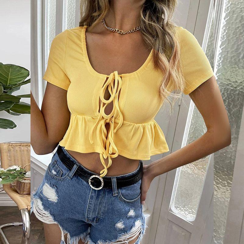 

2022 Tops Slim Solid Color Sexy Cardigan T-shirt Women s Shirt Yellow L