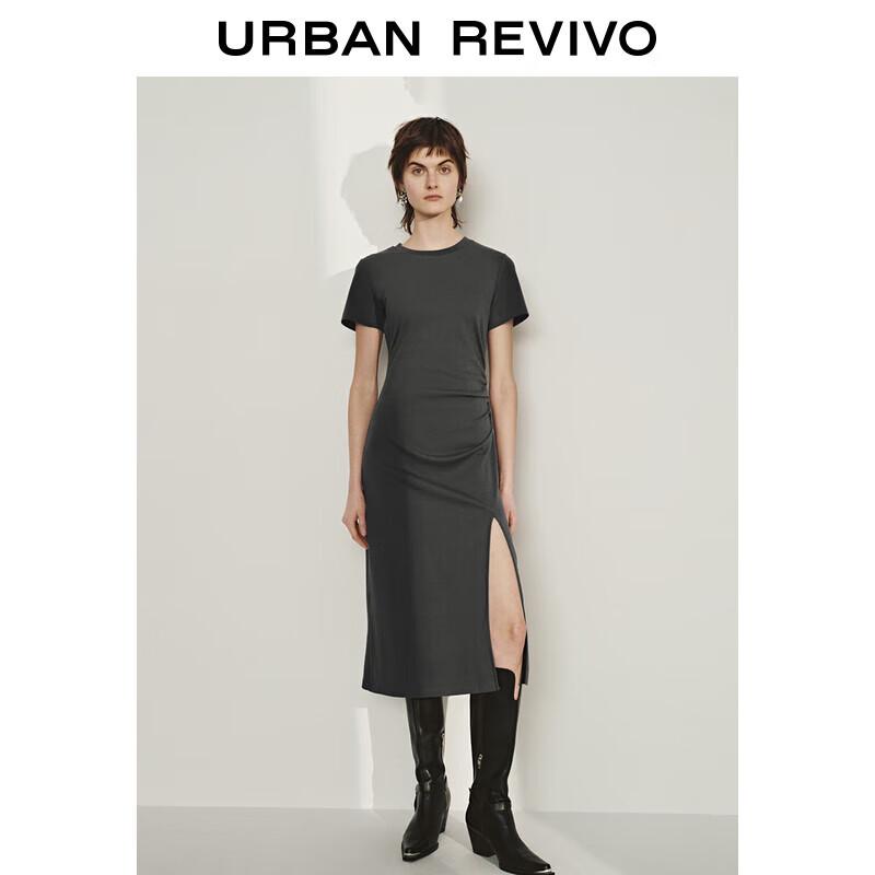 

UR 2025 Spring Women s Pleated Slit Short Sleeve A-Line Dress M