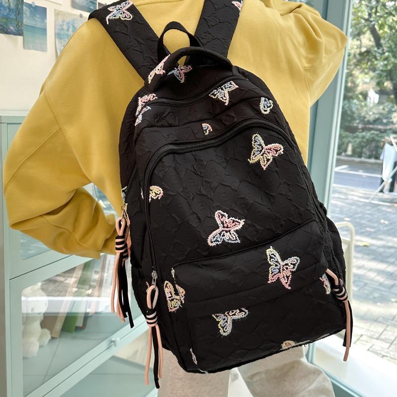 Butterfly Embroidery Backpack Casual Daily Bag Large Capacity School Bag for Students Commuters Minimalist Fashion Design with Tassel Details