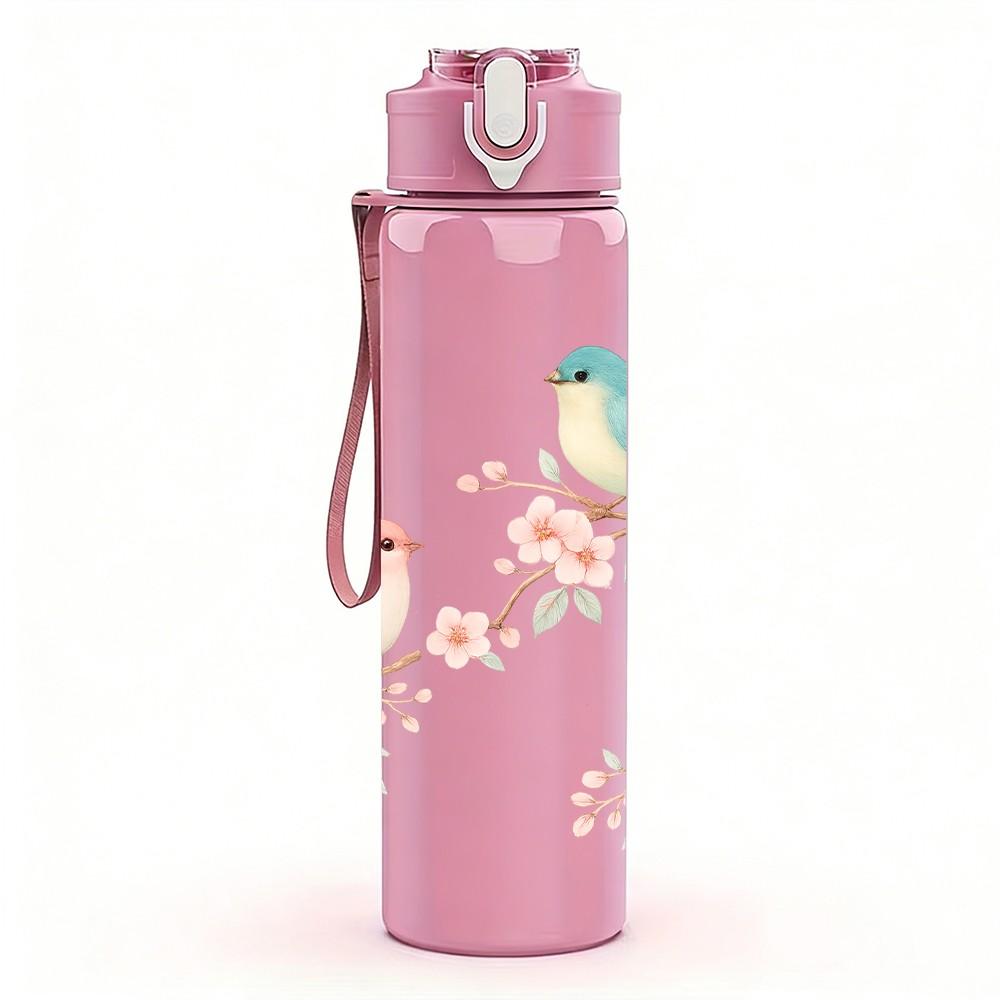 1PC Two Little Birds Branch Floral Print 750ml Color Plastic Sports Water Bottle Leakproof Flip Straw Lid Suitable for Sports Office Home Use