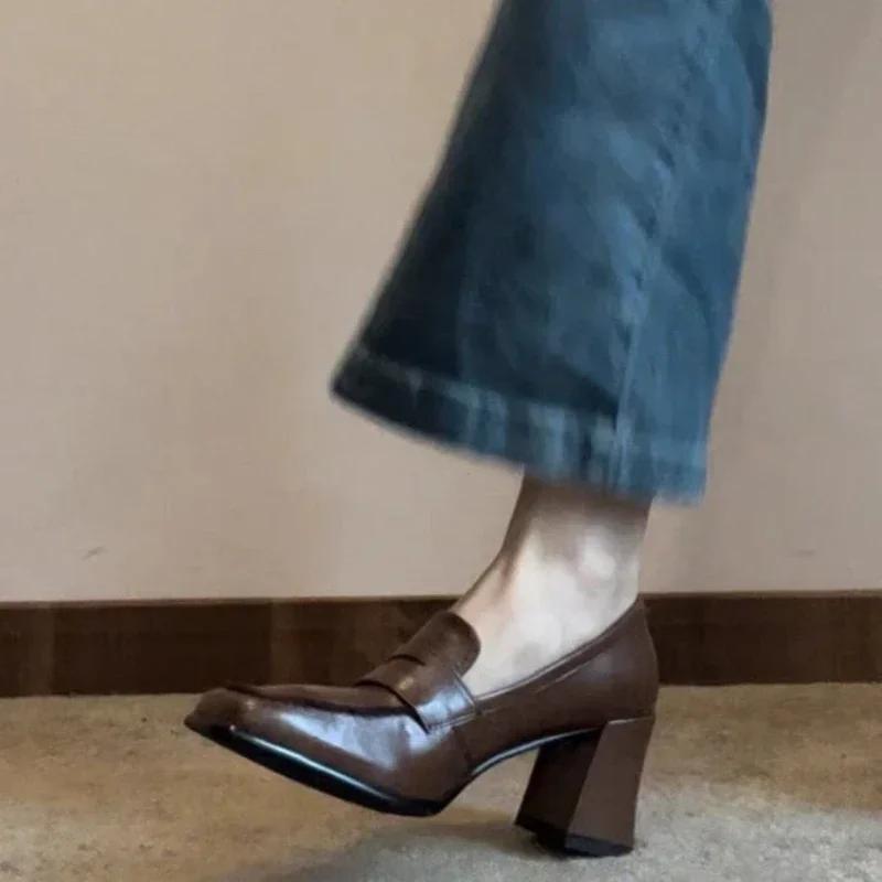 Autumn Women's High Heel Shoes New Fashion Shallow Square Toe Chunky Heel Slip On Shoes for Women Dress Students Mary Jane Shoes
