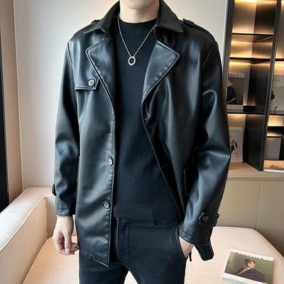Mid-length Leather Jacket for Men In Autumn and Winter, Korean Style Suit Collar, Large Size Leather Jacket, Casual Pu Leather Jacket