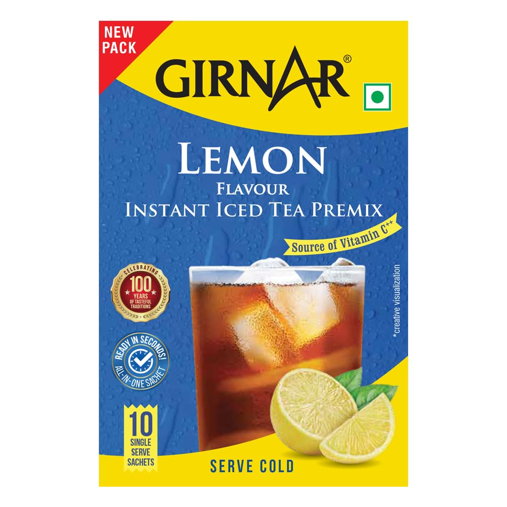 Girnar Instant Iced Tea Lemon Flavor Premix  10Sachets Vegan Caffeine Free Refreshing Cold Drink  Pack of 1 Single Serve