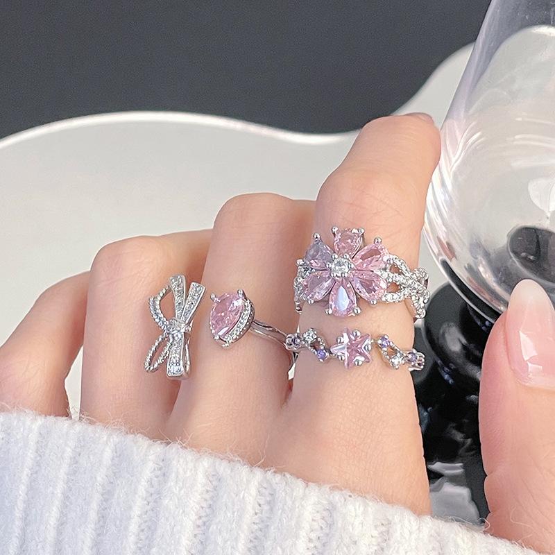 Růžová série Mašlička Plný diamant Zir***** Pero Prsten Květina Lehký luxus Špičkový niche design Prsten