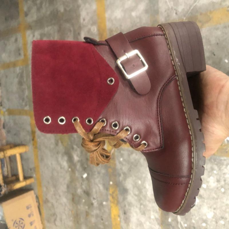 Autumn and winter new flat-bottomed Martin boots women's large-size lace-up belt buckle square and short boots