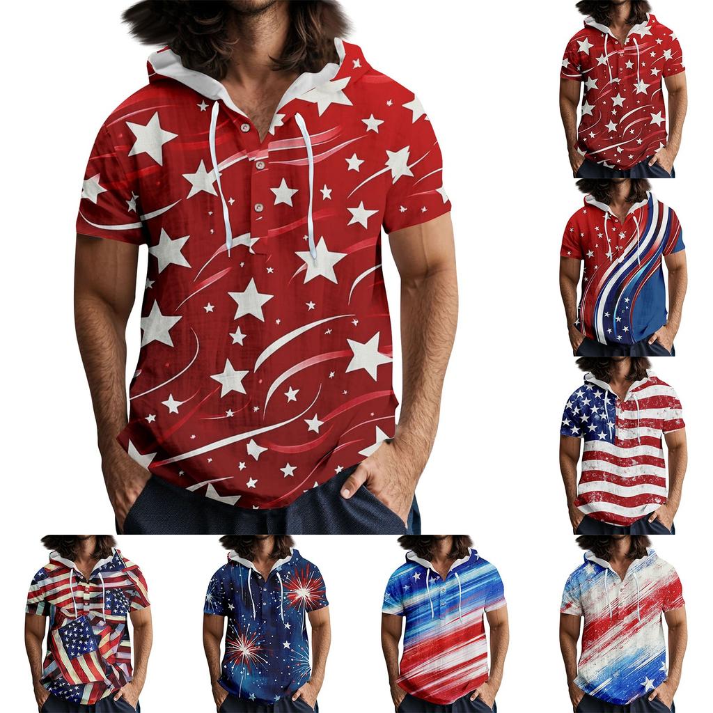 Herre Casual Kortermet Hettegenser T-skjorte med Knapper og Åpen Hals