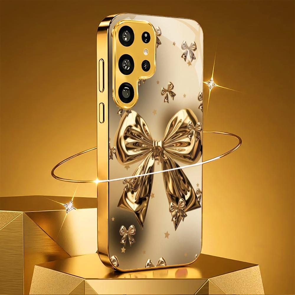 Exquisite Golden Bow Tie Phone Case S26 Ultra Case S25 Ultra Case Glass for Samsung Galaxy S26 S25 S24 S23 S22 FE Ultra Plus