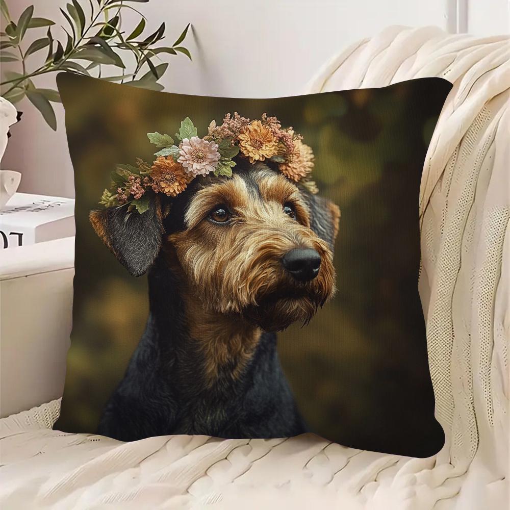 1pc Pillowcase, Elda Dog Floral Crown Pillowcase, Traditional Style, Zipper Closure, 45.72x45.72 cm, Soft and Smooth Polyester Short Plush Fabric, Sin