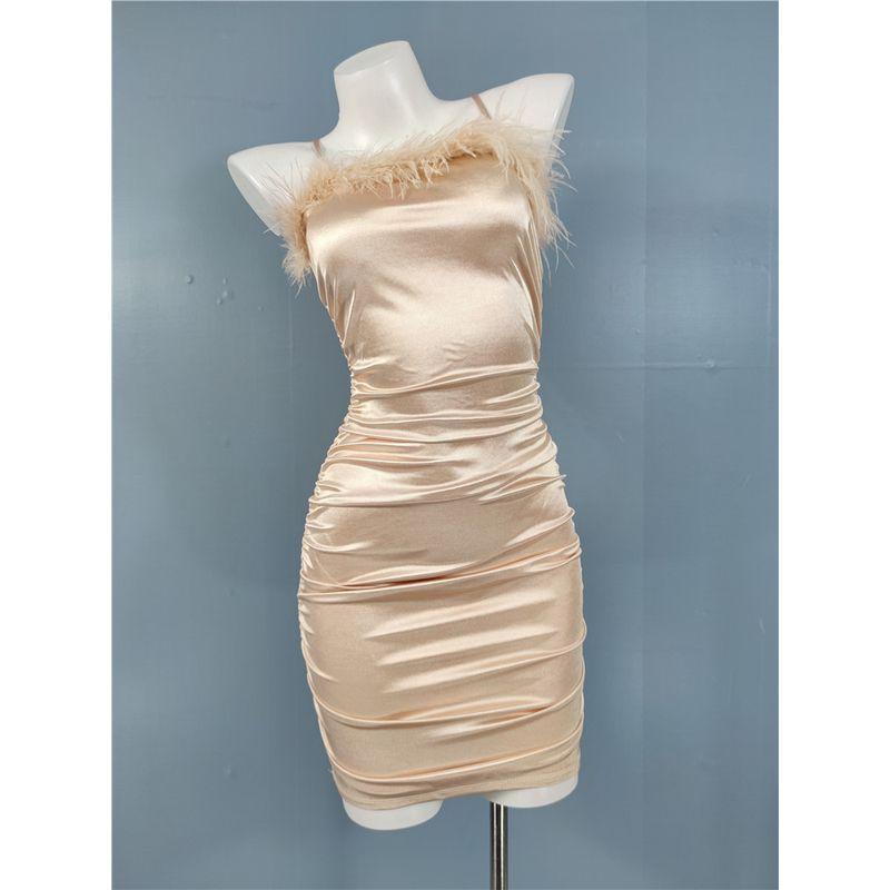 

Export Single Cross-Border Model Silm Slim Looking Hip Spaghetti Straps Feather Patchwork Design Dress Acetate Satin Tight Skirt Champagne Color L