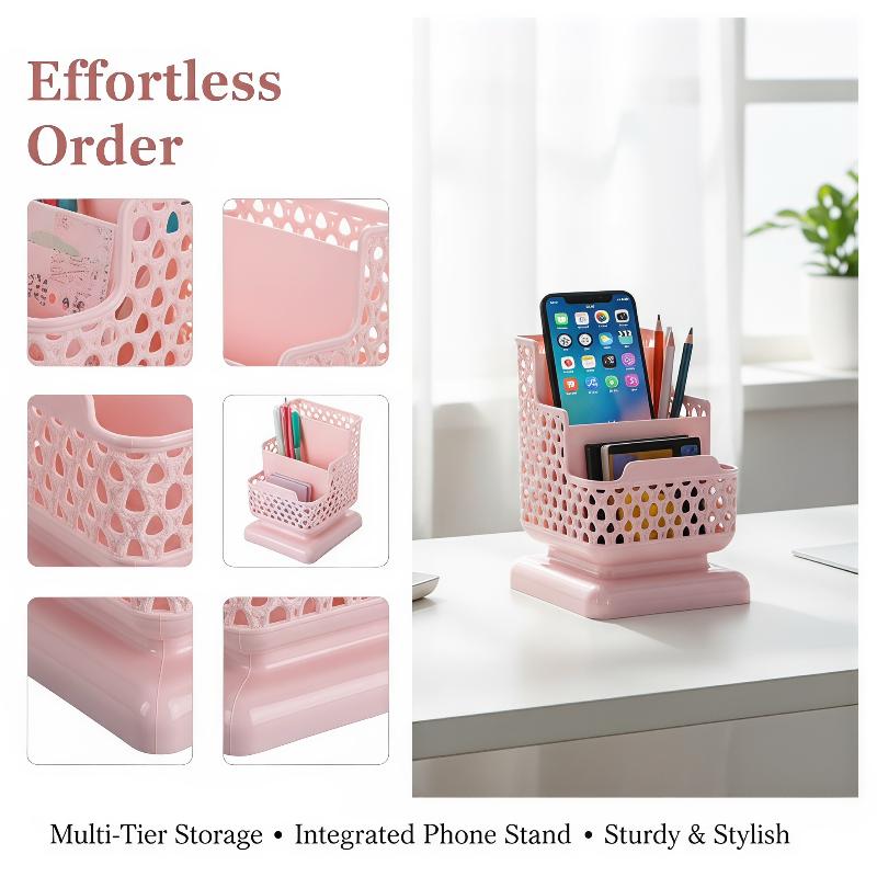 PP Hollow Plastic Desktop Multi Compartment Pen Holder with Phone Stand Slot Desk Stationery Organizer for Students