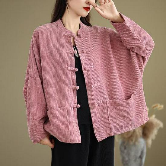 

End-of-Season Women s Retro Corduroy Double-Breasted Frog-Button Jacket with Stand Collar, Autumn/Winter Zen Style. M 90-115 jin