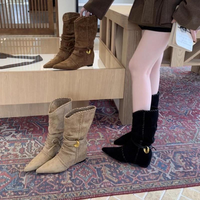 Inner Height Increasing Pointed Suede Skinny Medium Knight Boots Women's Boots Autumn Winter Western Cowboy Pile Boots