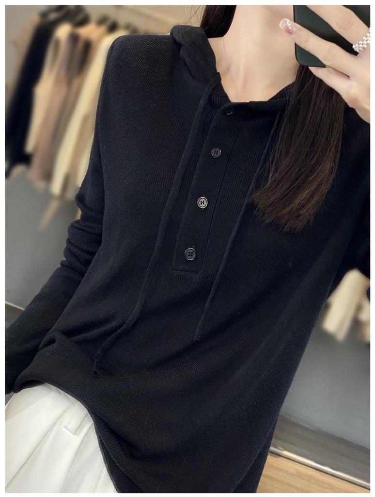 Spring & Autumn Wool Hoodie: Casual, Lazy-Style Knitted Sweater, Slimming Button-Up, Versatile for Women