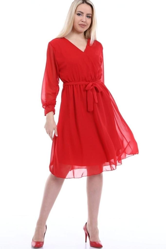 Women's Big Size Dress Red Double Breasted Neck Short Lined Plus Size Chiffon Dress