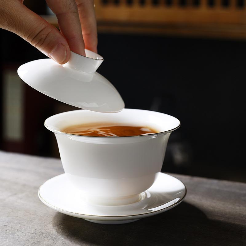 White Porcelain Gaiwan Tea Bowl Set With Lid Saucer Jade Like Ceramic Kung Fu Teacup For Home Office Brewing