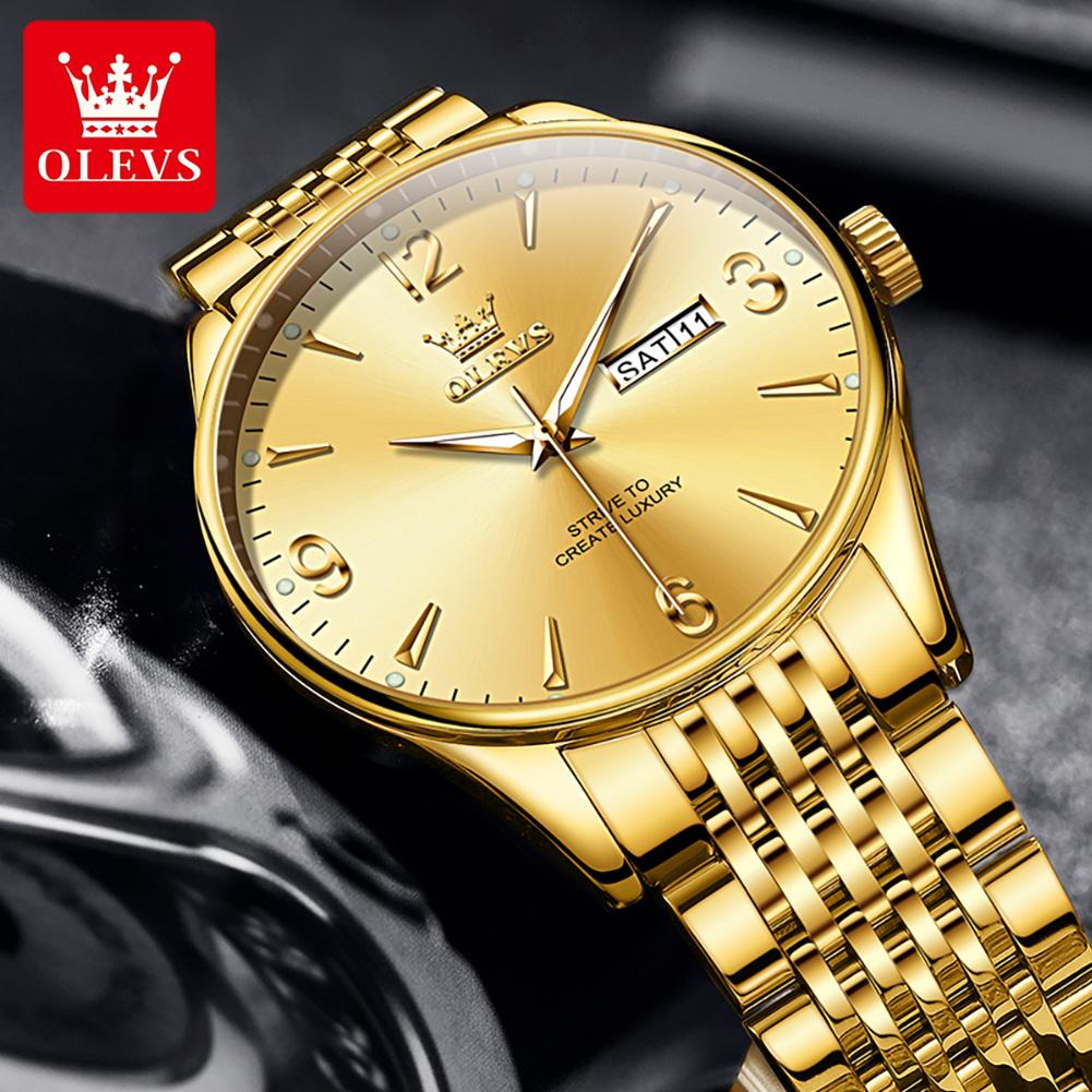 OLEVS 2928 Classic Simple Men's Watch Auto Date Dual Calendar Luminous Waterproof Steel Strap Business Quartz Wristwatch for Man