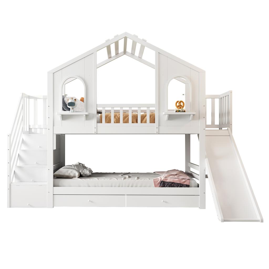 Letto a Castello per Bambini 90 x 200 cm, a Forma di Casa con Finestre Curve, con Scala a Cassetti e Scivolo, Cassetti, Letto Matrimoniale, Bianco