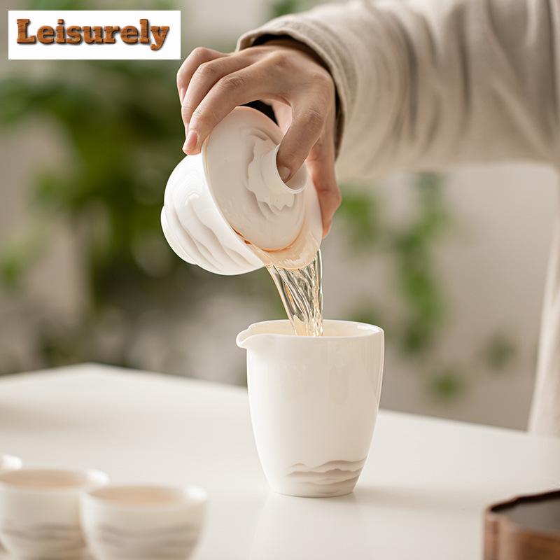 Boutique Sheep Fat Jade Porcelain Gaiwan Aesthetic Ink Mountains Tea Brewing Cup Tea Tureen Tea Maker Cover Bowl Tea Items Craft