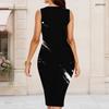 Women Plus Size Round Neck Sleeveless Black Printed Bodycon Midi Dress