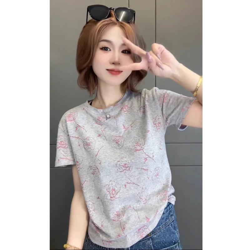 Women s Minimalist Aesthetic Grey Floral Rose Print Casual T-Shirt S светло-серый