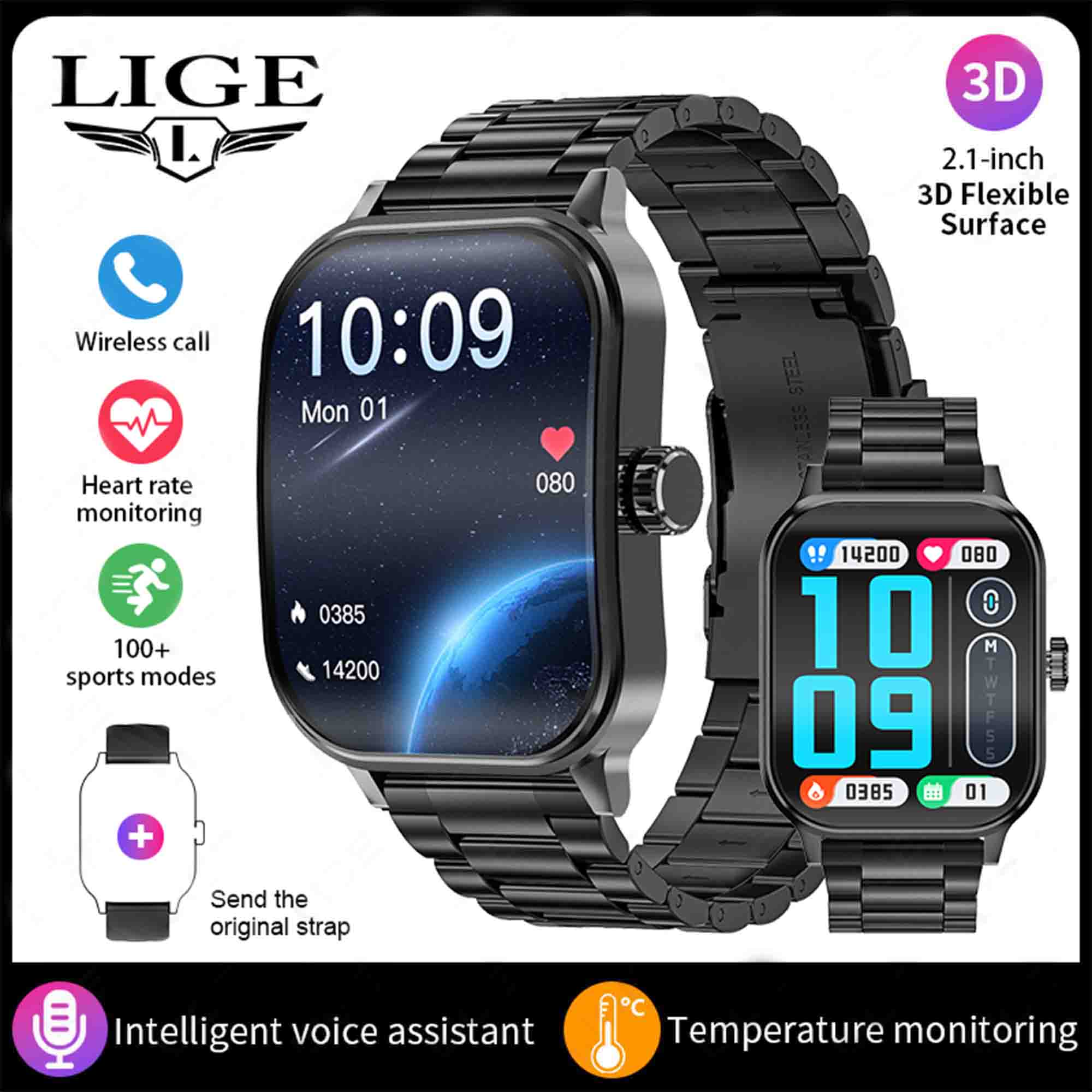 

LIGE Новые умные часы 2.1” 3D изогнутый экран Bluetooth вызов IP67 водонепроницаемый спортивный трекер умные часы мужские часы steel-strap чёрный