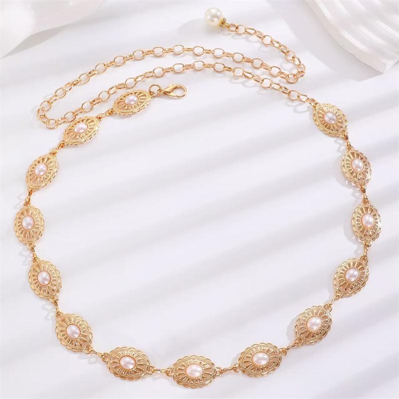 Vintage Gold Color Waist Chain for Women Elegant Hollow Oval Imitation Pearl Link Belly Chain Girl Beach Party Versatile Jewelry
